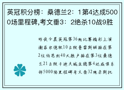 英冠积分榜：桑德兰2：1第4达成5000场里程碑,考文垂3：2绝杀10战9胜