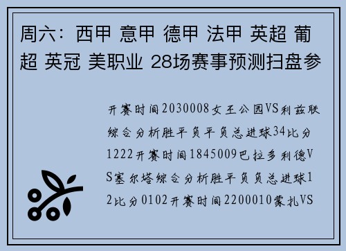 周六：西甲 意甲 德甲 法甲 英超 葡超 英冠 美职业 28场赛事预测扫盘参考