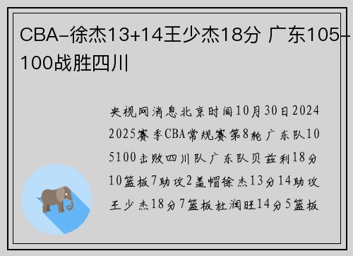 CBA-徐杰13+14王少杰18分 广东105-100战胜四川